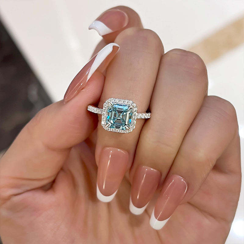 3Ct Exclusive Halo Asscher Cut Light Aquamarine Blue Engagement Ring In Sterling Silver-Sterling Silver-lornajewelry