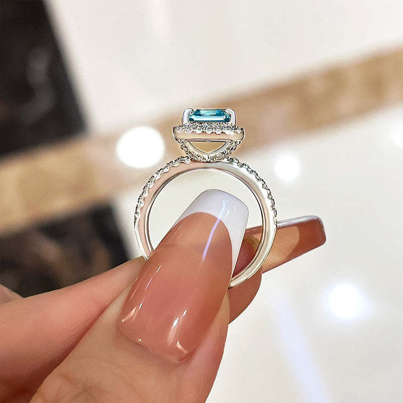 3Ct Exclusive Halo Asscher Cut Light Aquamarine Blue Engagement Ring In Sterling Silver-Sterling Silver-lornajewelry