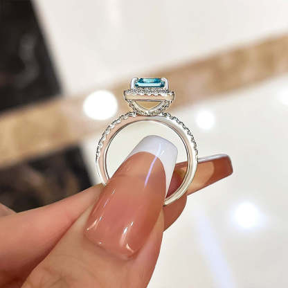 3Ct Exclusive Halo Asscher Cut Light Aquamarine Blue Engagement Ring In Sterling Silver-Sterling Silver-lornajewelry