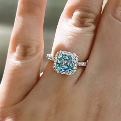 3Ct Exclusive Halo Asscher Cut Light Aquamarine Blue Engagement Ring In Sterling Silver-Sterling Silver-lornajewelry