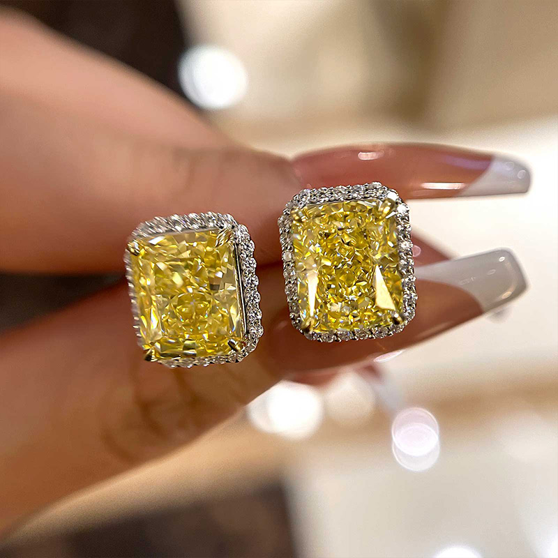 Stunning Halo Cushion Cut Yellow Sapphire Women's Stud Earring In Sterling Silver-Sterling Silver-lornajewelry