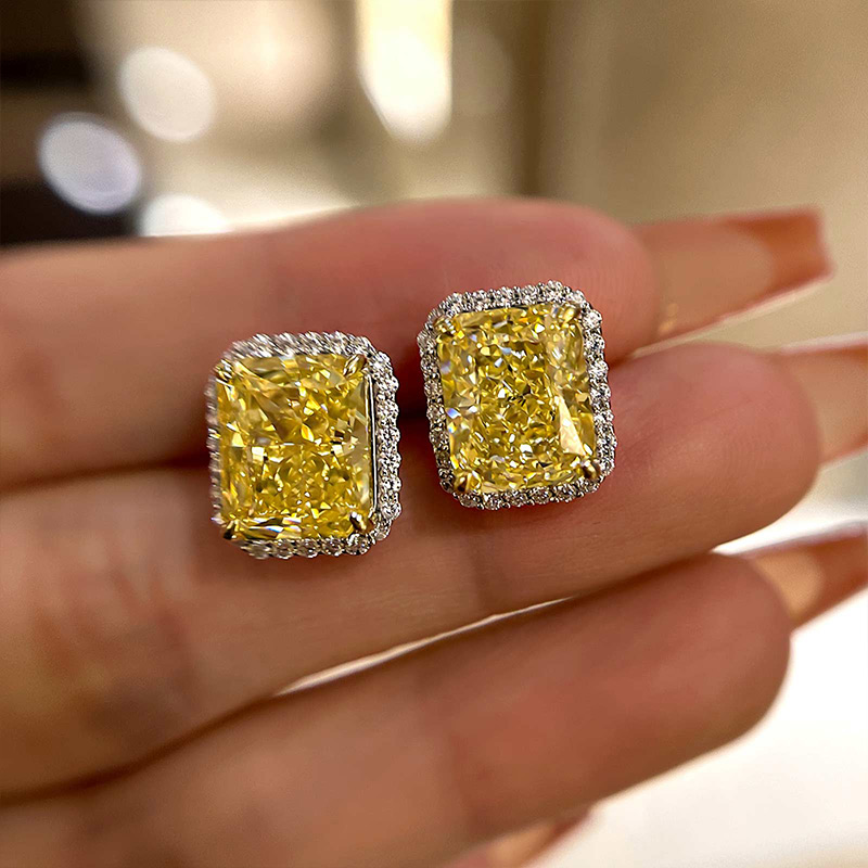 Stunning Halo Cushion Cut Yellow Sapphire Women's Stud Earring In Sterling Silver-Sterling Silver-lornajewelry