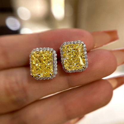 Stunning Halo Cushion Cut Yellow Sapphire Women's Stud Earring In Sterling Silver-Sterling Silver-lornajewelry