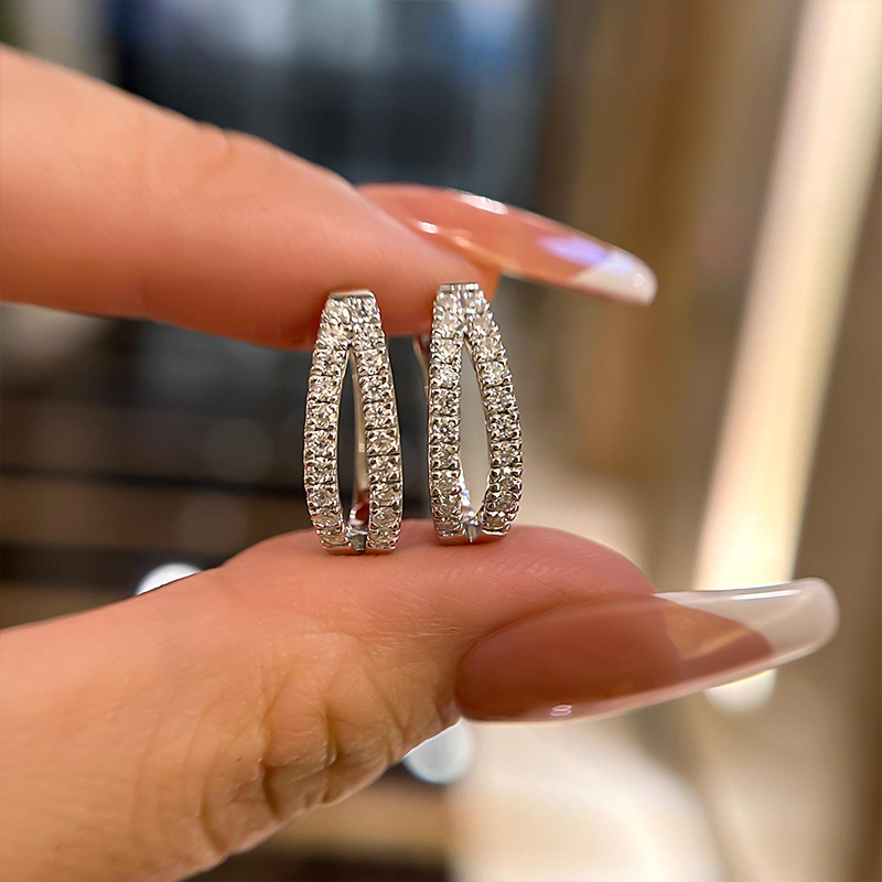 Moissanite Split Hoop Pave Earrings In Sterling Silver-Sterling Silver-lornajewelry