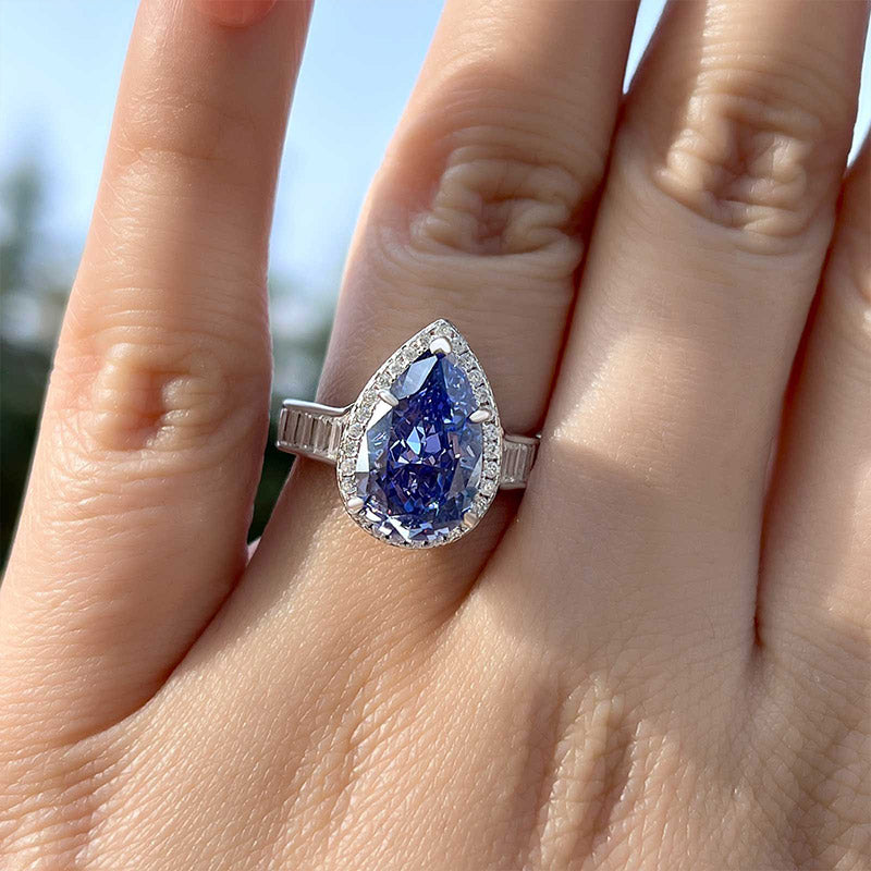 3Ct Luxury Aquamarine Blue Pear Cut Engagement Ring In Sterling Silver-Sterling Silver-lornajewelry