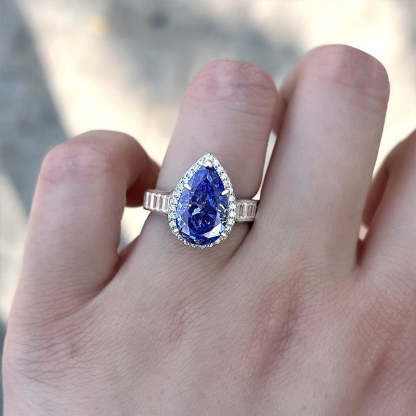 3Ct Luxury Aquamarine Blue Pear Cut Engagement Ring In Sterling Silver-Sterling Silver-lornajewelry