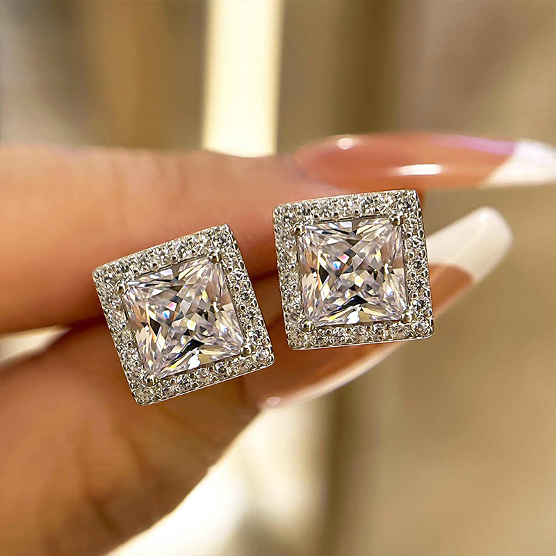 Fashion Halo Princess Cut  Stud Earrings In Sterling Silver-Sterling Silver-lornajewelry