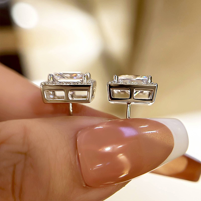 Fashion Halo Princess Cut  Stud Earrings In Sterling Silver-Sterling Silver-lornajewelry