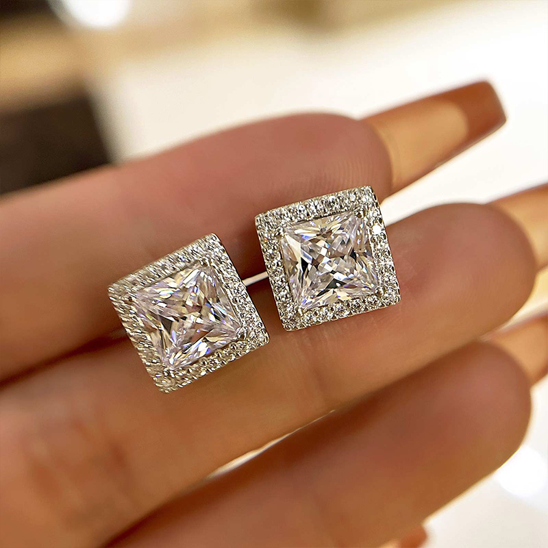 Fashion Halo Princess Cut  Stud Earrings In Sterling Silver-Sterling Silver-lornajewelry