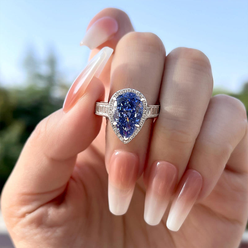 3Ct Luxury Aquamarine Blue Pear Cut Engagement Ring In Sterling Silver-Sterling Silver-lornajewelry