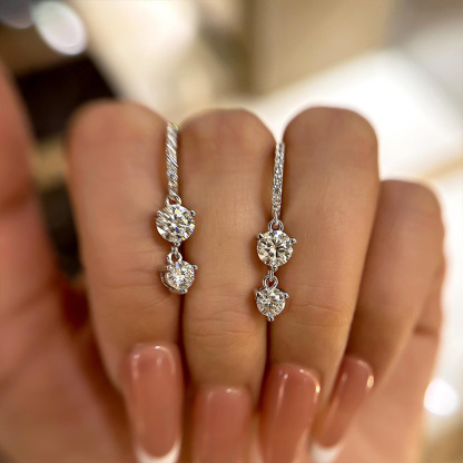 Moissanite Attractive Tassel Round Cut Earrings In Sterling Silver-Sterling Silver-lornajewelry