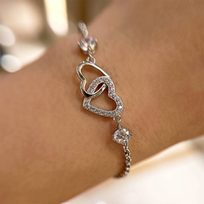 Sterling Silver Double Heart Bracelet For Women-Sterling Silver-lornajewelry