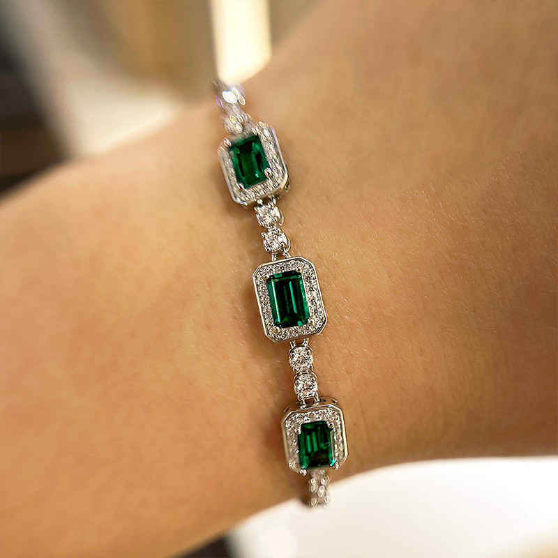 Luxury Emerald Cut Emerald Green Bracelet for Women In Sterling Silver-Sterling Silver-lornajewelry