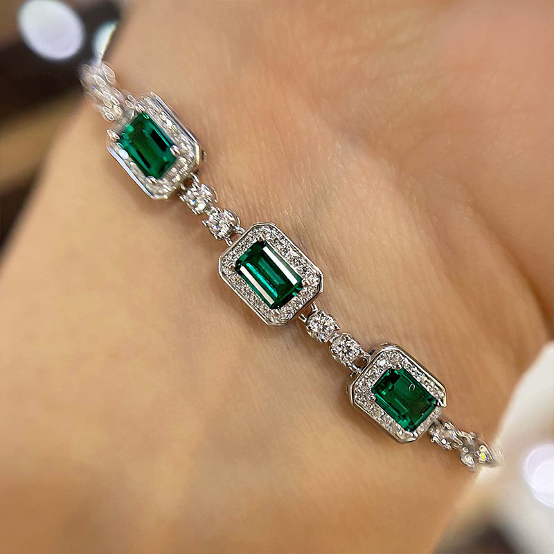 Luxury Emerald Cut Emerald Green Bracelet for Women In Sterling Silver-Sterling Silver-lornajewelry