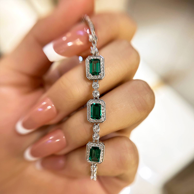 Luxury Emerald Cut Emerald Green Bracelet for Women In Sterling Silver-Sterling Silver-lornajewelry