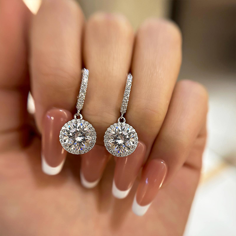 Classic Halo Round Cut Drop Earrings In Sterling Silver-Sterling Silver-lornajewelry