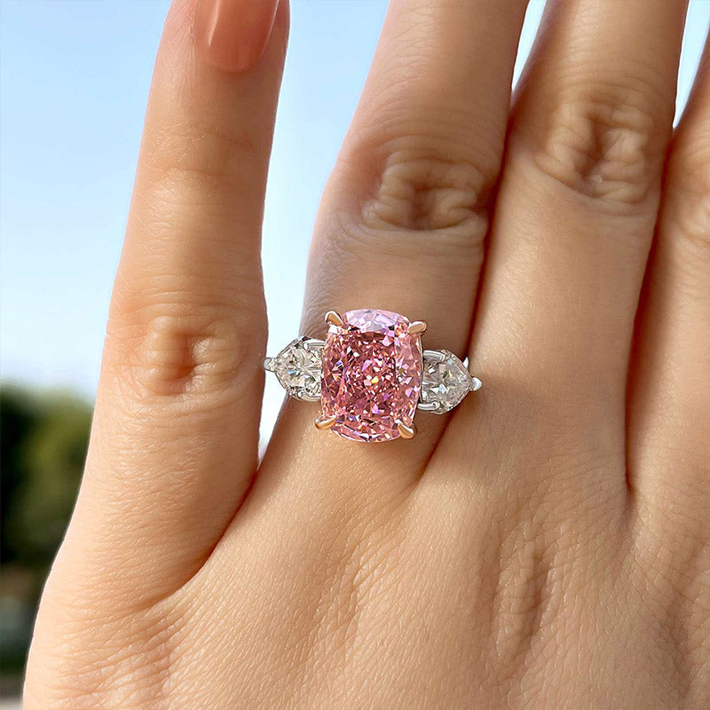6.5Ct Elegant Cushion Cut Three Stone Pink Sapphire Engagement Ring In Sterling Silver-Sterling Silver-lornajewelry