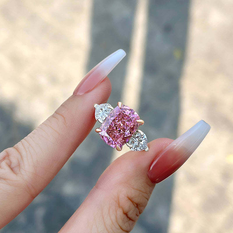 6.5Ct Elegant Cushion Cut Three Stone Pink Sapphire Engagement Ring In Sterling Silver-Sterling Silver-lornajewelry