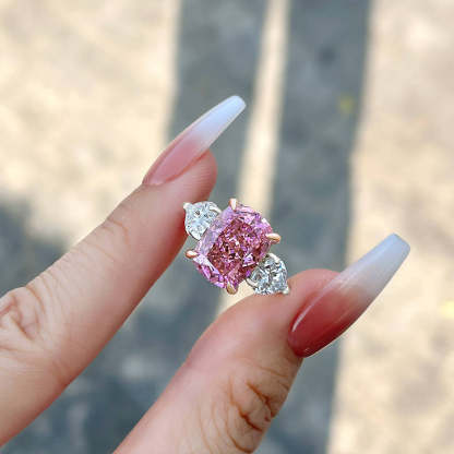 6.5Ct Elegant Cushion Cut Three Stone Pink Sapphire Engagement Ring In Sterling Silver-Sterling Silver-lornajewelry