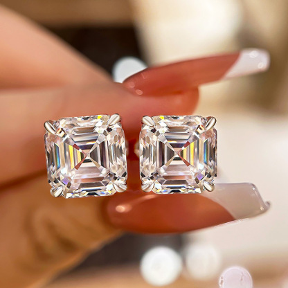 Classic Asscher Cut Women's Stud Earrings In Sterling Silver-Sterling Silver-lornajewelry