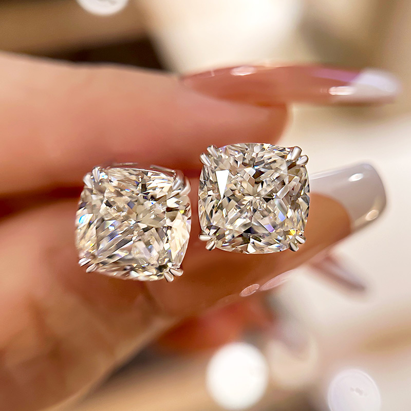 Glittering Crushed Ice Cushion Cut Stud Earrings For Women-Sterling Silver-lornajewelry