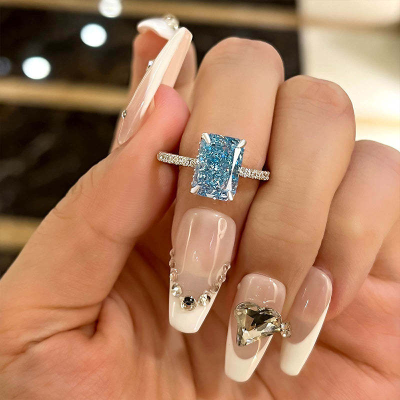 3.3Ct Exclusive Radiant Cut Light Aquamarine Blue Engagement Ring-Sterling Silver-lornajewelry