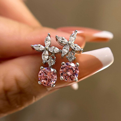 Elegant Round Cut Pink Sapphire Stud Earrings In Sterling Silver-Sterling Silver-lornajewelry