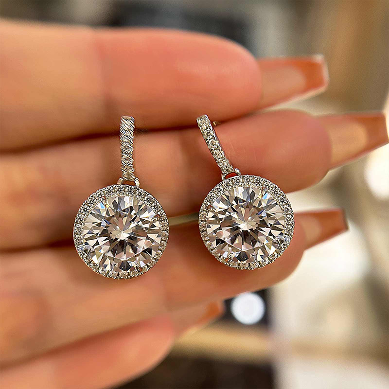 Stunning 5.0 Carat Halo Brilliant Cut Drop Earrings In Sterling Silver-Sterling Silver-lornajewelry