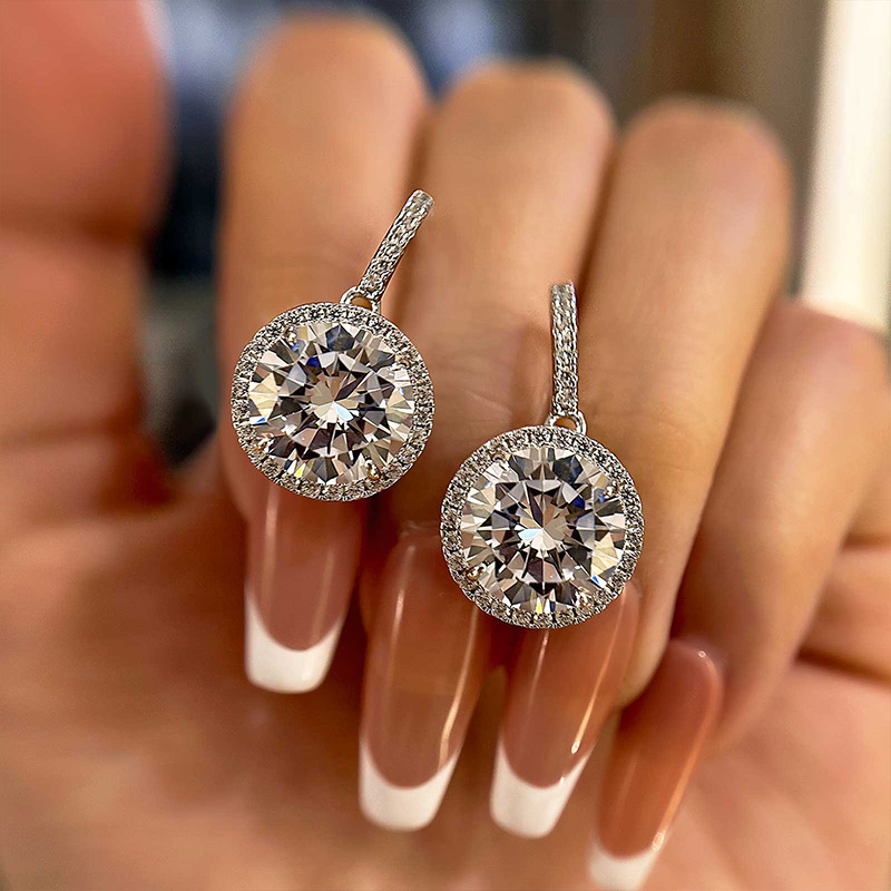 Stunning 5.0 Carat Halo Brilliant Cut Drop Earrings In Sterling Silver-Sterling Silver-lornajewelry