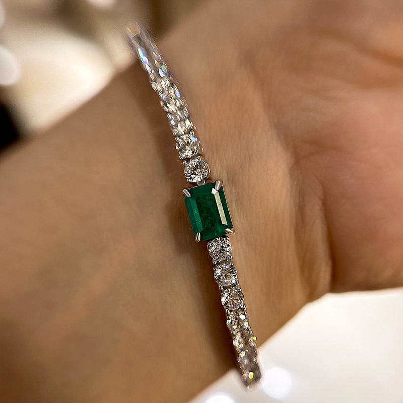 Emerald Cut Emerald Green Bracelet for Women In Sterling Silver-Sterling Silver-lornajewelry