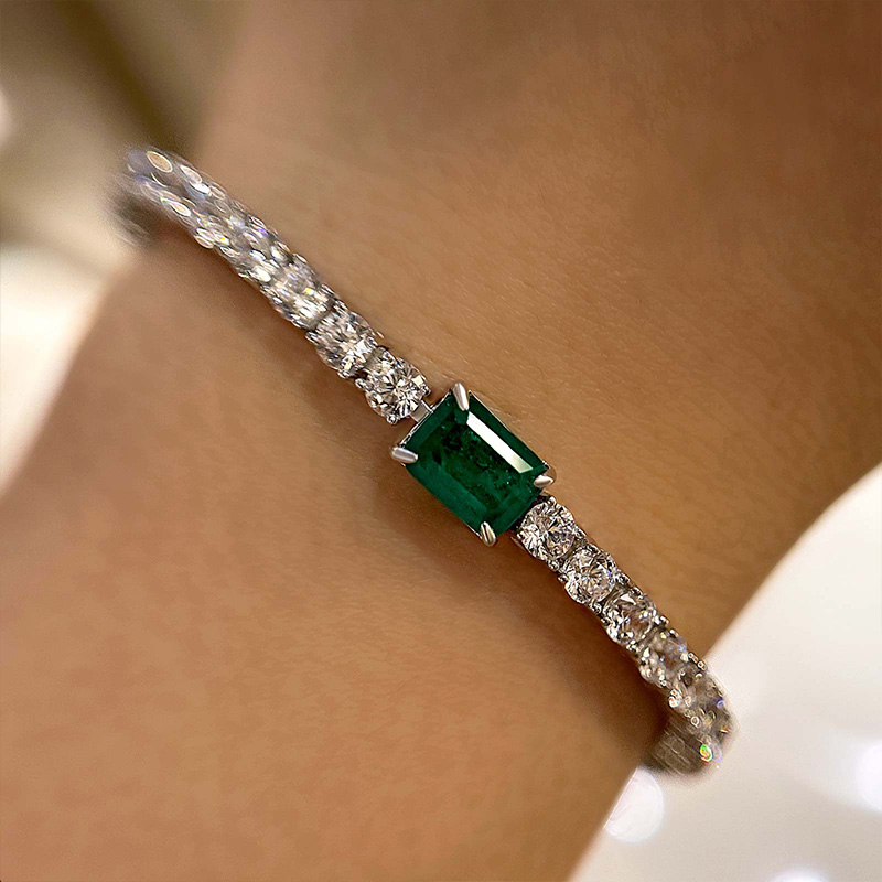 Emerald Cut Emerald Green Bracelet for Women In Sterling Silver-Sterling Silver-lornajewelry