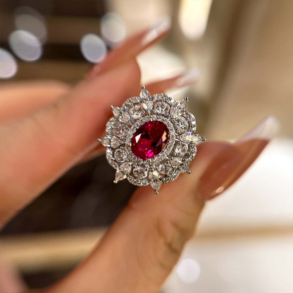1Ct Exclusive Flower Shape Oval Cut Ruby Engagement Ring In White Gold-Sterling Silver-lornajewelry