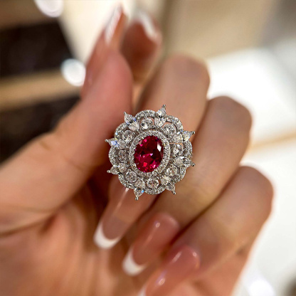 1Ct Exclusive Flower Shape Oval Cut Ruby Engagement Ring In White Gold-Sterling Silver-lornajewelry