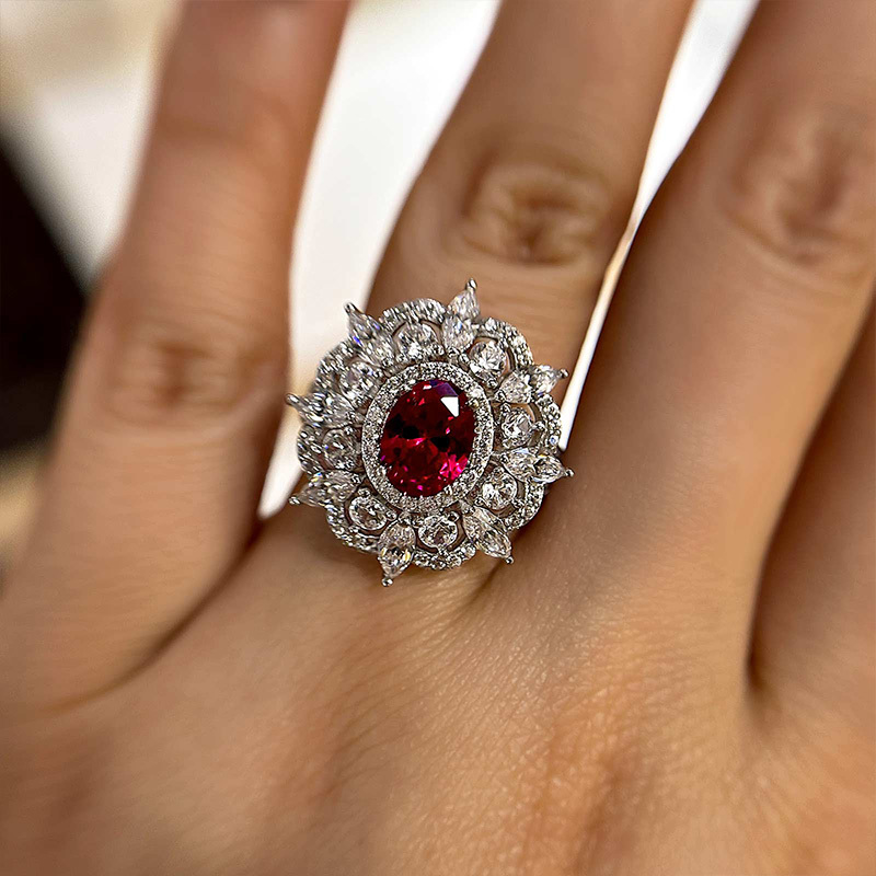 1Ct Exclusive Flower Shape Oval Cut Ruby Engagement Ring In White Gold-Sterling Silver-lornajewelry
