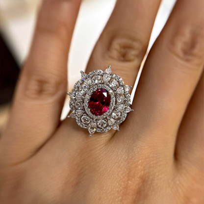 1Ct Exclusive Flower Shape Oval Cut Ruby Engagement Ring In White Gold-Sterling Silver-lornajewelry