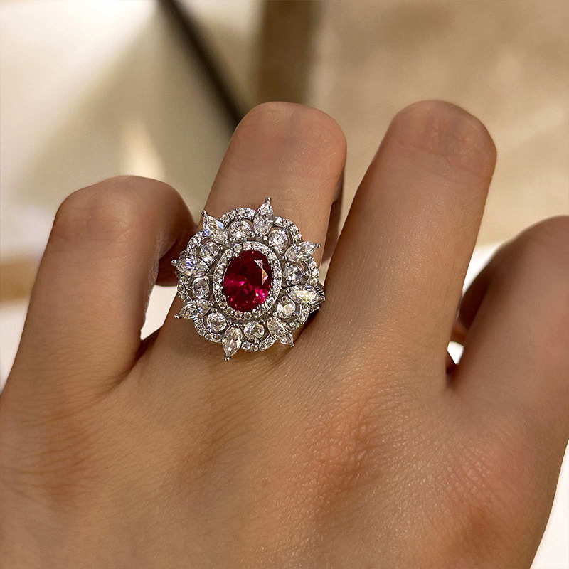 1Ct Exclusive Flower Shape Oval Cut Ruby Engagement Ring In White Gold-Sterling Silver-lornajewelry