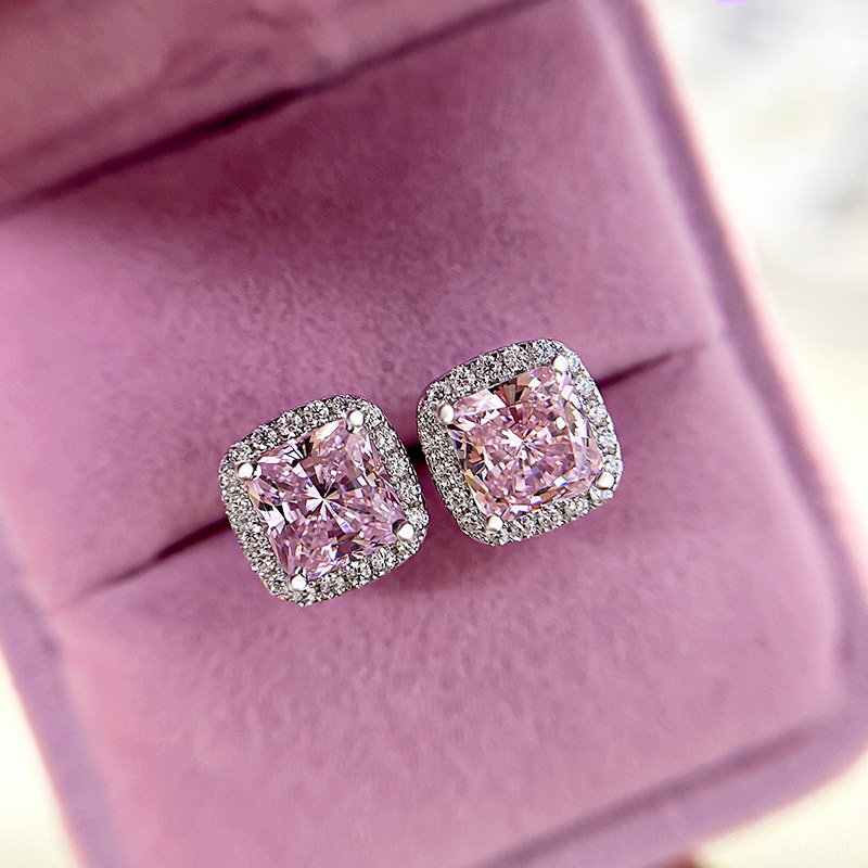 4.0 Carat Halo Princess Cut Pink Sapphire Sterling Silver Women's Stud Earrings-Sterling Silver-lornajewelry