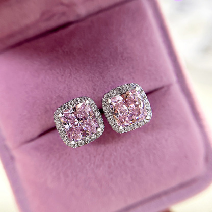 4.0 Carat Halo Princess Cut Pink Sapphire Sterling Silver Women's Stud Earrings-Sterling Silver-lornajewelry