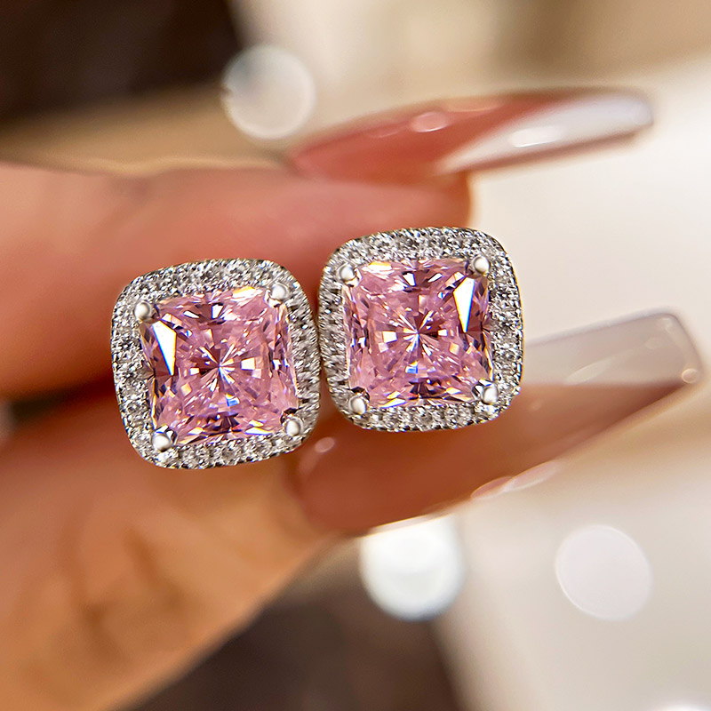 4.0 Carat Halo Princess Cut Pink Sapphire Sterling Silver Women's Stud Earrings-Sterling Silver-lornajewelry
