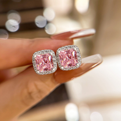 4.0 Carat Halo Princess Cut Pink Sapphire Sterling Silver Women's Stud Earrings-Sterling Silver-lornajewelry