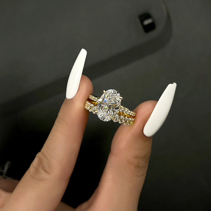 Exquisite Yellow Gold Oval Cut Wedding Ring Set In Sterling Silver-Sterling Silver-lornajewelry