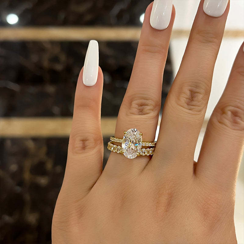 Exquisite Yellow Gold Oval Cut Wedding Ring Set In Sterling Silver-Sterling Silver-lornajewelry