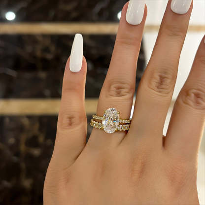 Exquisite Yellow Gold Oval Cut Wedding Ring Set In Sterling Silver-Sterling Silver-lornajewelry