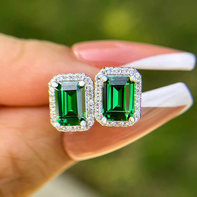 Emerald Green Halo Emerald Cut Women's Stud Earrings-Sterling Silver-lornajewelry