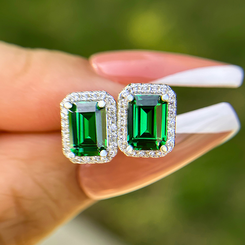 Emerald Green Halo Emerald Cut Women's Stud Earrings-Sterling Silver-lornajewelry