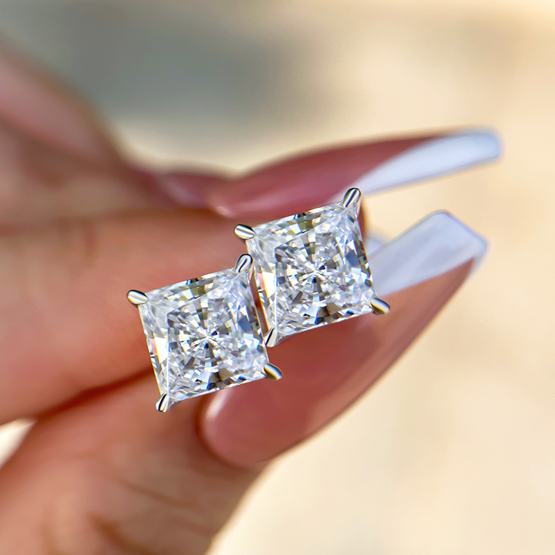 Princess Cut  Stud Earrings In Sterling Silver-Sterling Silver-lornajewelry