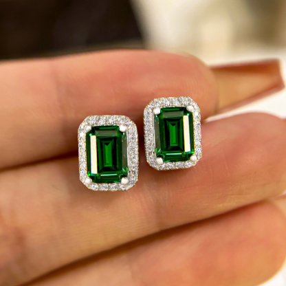 Emerald Green Halo Emerald Cut Women's Stud Earrings-Sterling Silver-lornajewelry