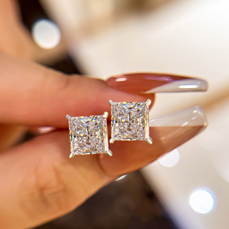 Princess Cut  Stud Earrings In Sterling Silver-Sterling Silver-lornajewelry