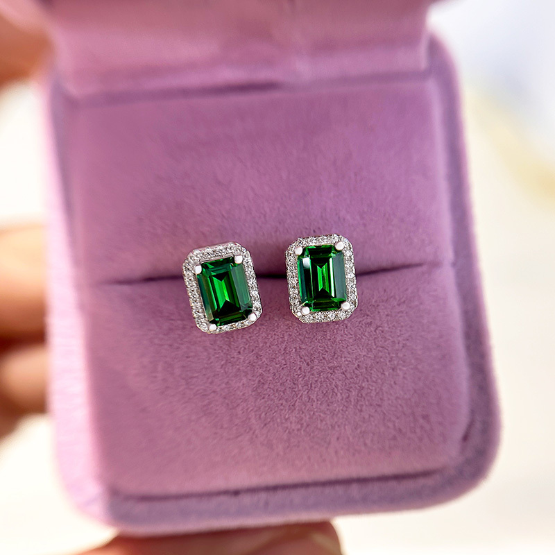 Emerald Green Halo Emerald Cut Women's Stud Earrings-Sterling Silver-lornajewelry