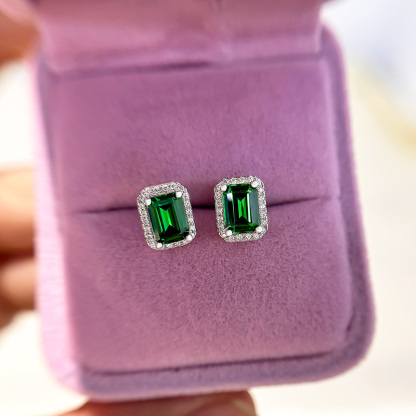 Emerald Green Halo Emerald Cut Women's Stud Earrings-Sterling Silver-lornajewelry